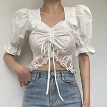 [랜덤플레이] 가슴 셔링 어깨퍼프 레이스 블라우스