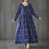 도오빠 마킬후 여성 간절기 원피스 긴팔 라운드넥 편안한 기하학 얇은 드레스 면 봄 중년 여자원피스