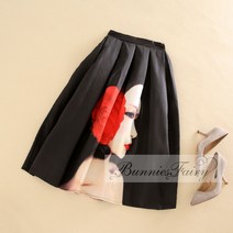 쉬크한 그녀 붉은장미 블랙스완 여성 하이스커트 미디풀스커트 플레어 햅번스커트 그림 검정색치마 여성큰옷 블랙 미녀 펜트하우스