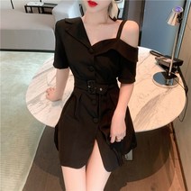 시크한 의 오프숄더 정장 스커트 여 허리라인 슬림 버튼 LAP원피스 드레스 하객원피스 롱원피스 여성 린넨