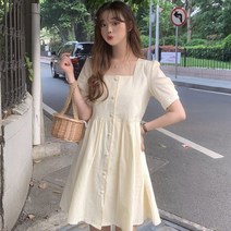 [코지23] 여자 스퀘어넥 퍼프 린넨 깔끔하고 러블리한 원피스
