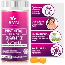 VVNATURALS SugarFree 산후 비타민 구미 DHA 콜린 엽산 회복 에너지 기분 간호 및 수유 엄마와 아기를 위한 영양소를 순한 철분 유기농 혼합 지원 비 GMO 60c