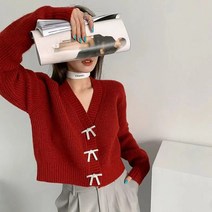 어라인 석 보우 버튼 가디건 스웨터 솔리드 컬러 v목 Preppy 자른 루즈한 오버핏 슬림 니트