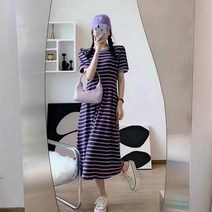 채윤러브 chaeyoon love 스트라이프 캐주얼 여성 반팔 단가라 A라인 롱 원피스