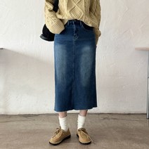 잇진 여성 융털기모 워싱 스판 데님 뒷트임 컷팅 롱스커트