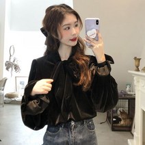 안나리야 루즈핏 왕 리본 벨벳 퍼프 블라우스 SY