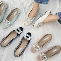 스퀘어 큐빅 보석 슬링백 새틴 단화 플랫슈즈 블랙 아이보리 핑크 민트 1cm