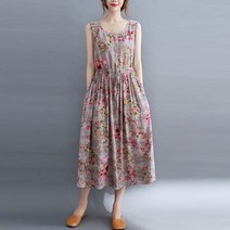 빈티지플로럴 민소매원피스 린넨 롱치마 나일론원피스 바스락소재 플레어 미디스커트 블루 여름