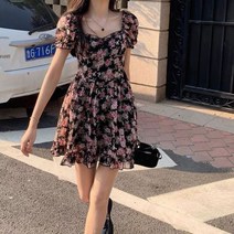 여름 원피스 하객 여성 룩 짧은 퍼프 소매 프레피 스타일 A-라인 드레스 여성용 무릎 위 프린팅 세련된 배기 하이 웨이스트 학생 소녀