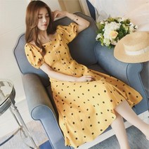 [하나비] 디휘너티브 여성 여름 스퀘어넥 도트 퍼프소매 앞 버튼 브호드히 원피스