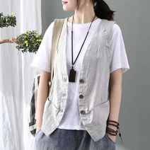 JUST FEEL!NG 여성 여름 면마 린넨 조끼 캐주얼 단추 베스트 민소매 여성의류 4color