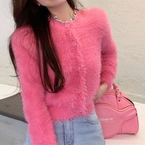 나인포시즌 뉴누 가을 겨울 모조 밍크 앙고라 크롭 숏 니트 체리 핫핑크 퍼가디건