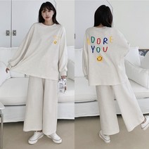 봄 레터링 77-88사이즈 빅사이즈 통 와이드 팬츠 오버핏 면 트레이닝 추리닝 한벌 세트