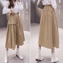 리틀깽스 편안한밴딩 도톰한 가을겨울 셔링 프릴 네츄럴 웨이브 케주얼 a라인 코튼면 롱스커트