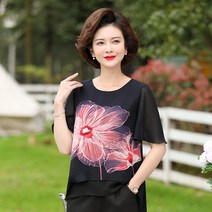 시크한 모직 블라우스 중장 반팔 여성복 티셔츠 40세 50세 루즈핏 상의