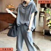 자칠 시원하고 편한 여성 순면 후드 반팔티셔츠 조거바지 오버핏 캐주얼 세트
