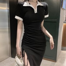 캐주얼한 옆트임 셔링 여자 반팔 카라 면원피스 3컬러