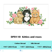 실십자수 프랑스자수 펀치니들 십자수 키트 고양이와 장미 키트 동물 고양이 18ct 흰색, 하얀, 실크 실, 11ct 언프린트 캔버스