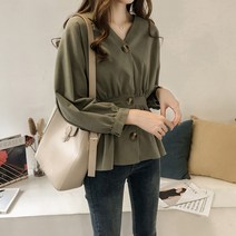 세컨핑크 샬롯 허리 셔링 피그먼트 워싱 셔츠 블라우스