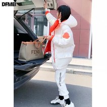 인터넷 연예인 빅 레이블 스티치 대비 컬러 화이트 오렌지 패딩 자켓 한국어 스타일 느슨한 의류 젤리 면화 패딩 자켓 슈퍼