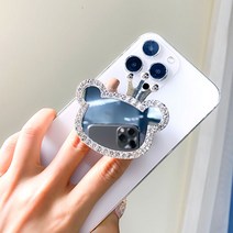 곰돌이 큐빅 미러 그립톡 에폭시 스마트톡 입체 핸드폰 거치대, 실버