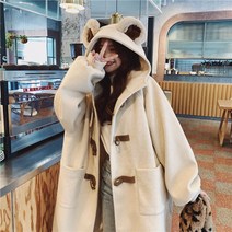 FANSYLI 후드 떡볶이 모직코트 모던 오버핏 롱 귀장식 모직코트 가을겨울 두꺼운 크루아상 모직코트 여사 캐주얼 통근 코트 고급감 겨울 코트 X8A22