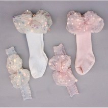 유아 베이비 돌 백일 여아 양말 헤어밴드 세트 2개1셋트[상자포함] 선물용 리본 샤 반양말 니삭스 반타이즈 자매룩 쌍둥이룩 커플룩 코디