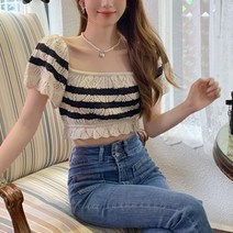 메이킹유 반팔 스퀘어넥 스트라이프 크롭 배꼽티 스웨터 A763엔디즈탑