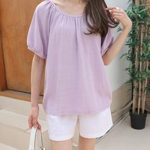 하늘바라기 여성용 라일락 셔링 린넨 블라우스