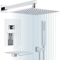 욕조 스파우트가 포함된 EMBATHER 샤워 시스템 - 욕실용 12인치 및 수전 콤보 휴대용 스프레이가 벽걸이형 레인 헤드 매트 블랙(샤워 밸브 트림 키트 포함), 10 inch, Chrome Polished