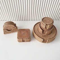 라탄 티코스터 홀더 세트 우드컵받침 홈카페소품, 스탠드-원형 10cm