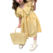 도오빠 아리키즈앤맘 아동 원피스 면 반팔 빅카라 체크 격자 퍼프 소매 플리츠 롱 드레스 키즈 여아 엄마랑 커플룩 모녀룩 여름 ~140