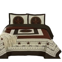 Chezmoi Collection Tucson 3피스 사전 세탁 오버사이즈 침구 웨스턴 스타 킹 사이즈 퀼트 세트 캐빈 롯지 침대보 베이지 다크 브릭, Beige