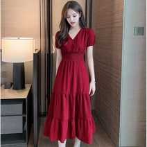 Makone 원피스 미디 반팔 슬림핏 원피스 주름 드레스