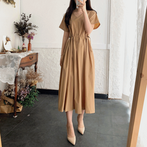 바스락 반팔 스트링 핀턱 주름 플리츠 롱 브이넥 플레어 원피스 5 color
