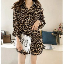 Lizziery 여성 루즈핏 호피무늬 쉬폰 블라우스