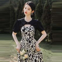 Lsnow 프랑스어 스타일 헵번 스타일 플로랄 드레스 2022 여름 새로운 고급 감각 서스펜더 드레스 겉옷 투피스 세트