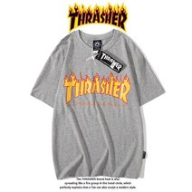 Thrasher T-shirt 트레셔 플레임 로고 여름철 순면 반팔 황색 불길-엷은 회색