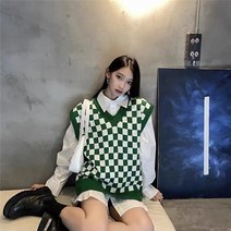 손뜨개조끼 오버핏 롱 크롭 니트조끼 플러스 사이즈 3xl 격자 무늬 인쇄 v-목 조끼 여성 어 기본 민소매 Preppy 스타일 니트 스웨터 대형