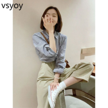 vsyoy 2023 년 이른 봄 새로운 여성 의류 소금 착용 Yujie 가벼운 성숙한 줄무늬 셔츠 넓은 다리 바지 전문 투피스 슈트