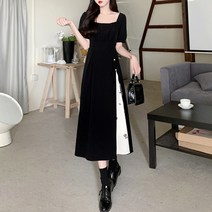 잇츠스타일 여성 스퀘어넥 빅사이즈 블랙 앤 화이트 플레어 데이트룩 롱원피스