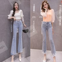 여성용 스트레치 청바지 레이스 진주 플레어 팬츠 gujiawei