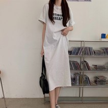 여름 루즈핏 면 반팔 롱원피스 레터링 프린트 옆트임 데일리 홈웨어 원피스