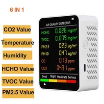 실내 co2 sensor co2 meter 디지털 공기 감지기 지능형 공기 품질 분석기 가정용 대기 오염 모니터 가스 감지기, 6 in 1 흰색, 1개