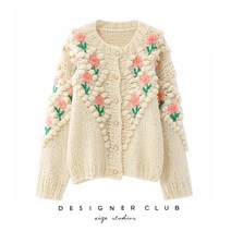 폼폼 플라워 핸드메이드 니트 가디건 뜨개질 가디건 손뜨개 꽃장식 스웨터 루즈핏 코바늘