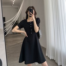 PigPug 블랙 기품 고급감 날씬해 보이는 원피스 여자 여름 루즈한 프렌치 빈티지 기품 혁본풍 네모난 칼라 스커트