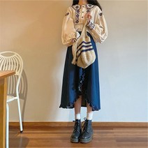 키작은여자옷 키커 보이는 눈길을 끄는 러블리블 일찍이 봄 코디 계 직업 치마세트 여성의류 풀세트 2083003373, 화이트셔츠 _블루 원피스, XL