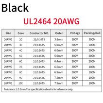 5M UL2464 30 28 26 24 22 20AWG 전선 케이블 채널 라인 2 3 4 5 6 7 8 9 10 코어 PVC 절연 구리 전력선, [11] 20AWG Black, [09] 10 Cores, [01] 5 Meters