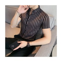 남성 캐주얼 반팔 셔츠 슬림핏 스트라이프 라펠 비즈니스 드레스 상의 여름