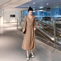 쉬폰 허리 스트링 롱원피스 봄옷 햅번느낌 롱스커트 프렌치 빈티지 플라워 긴팔 소프트 브이